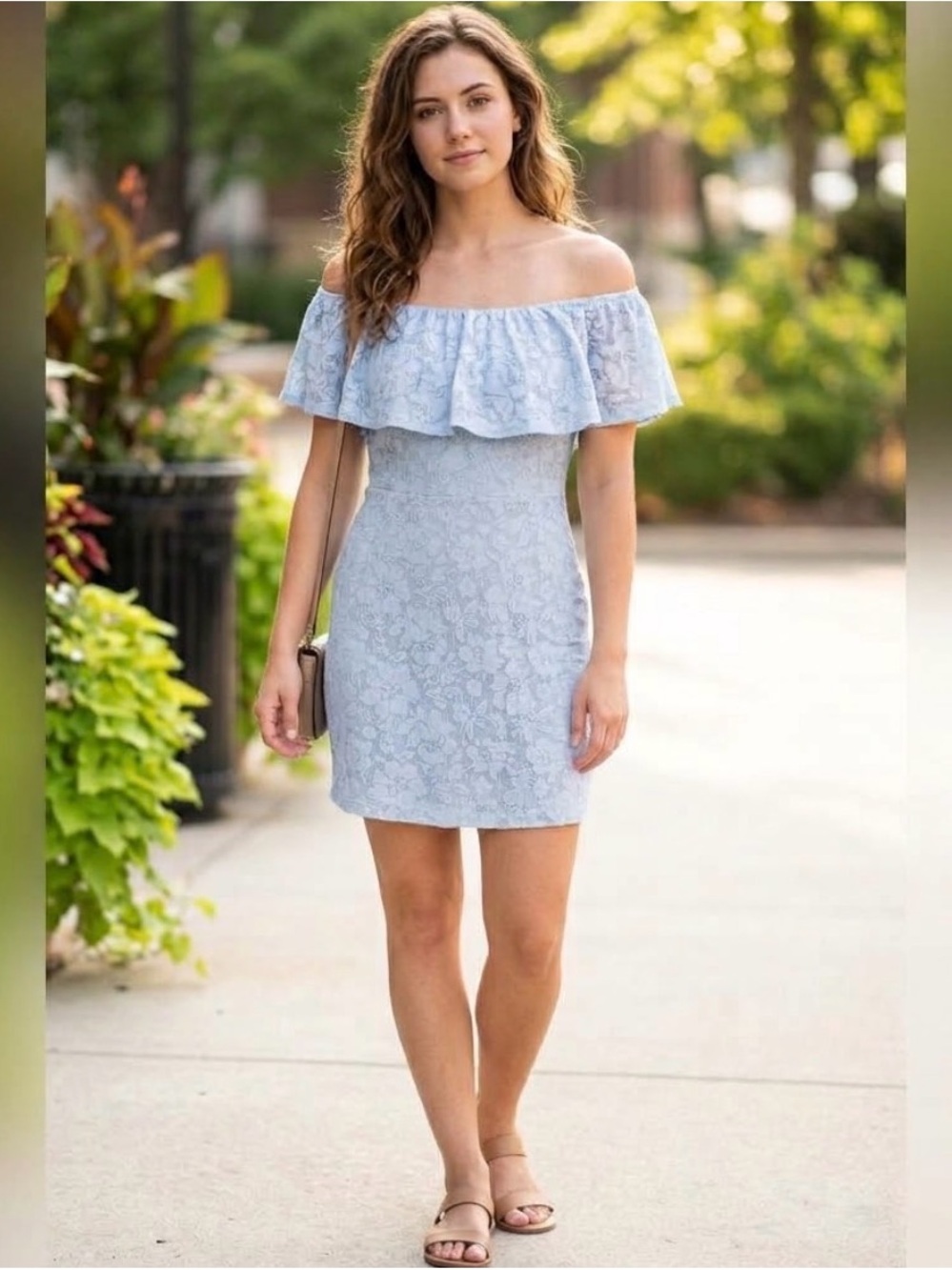 Free People Light Blue Off-Shoulder Lace Mini Dress